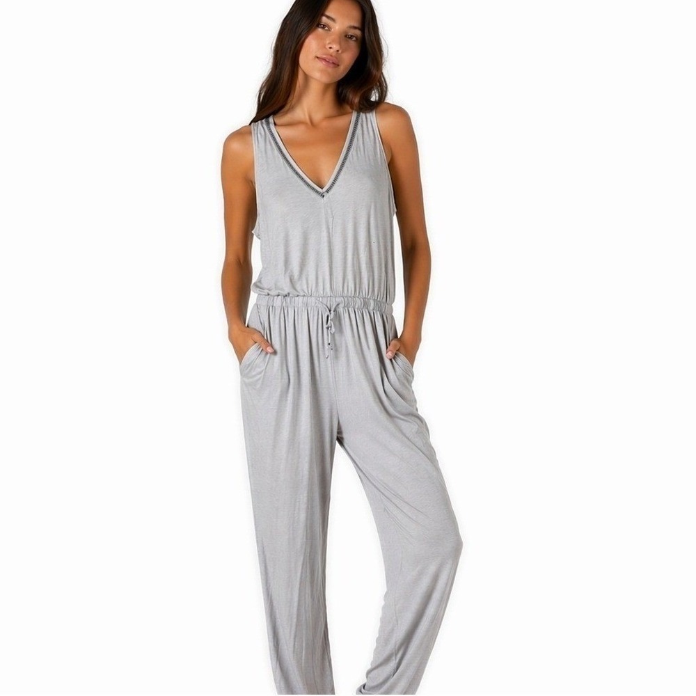 Cloth & Stone Grey Tencel Sleeveless Jumpsuit V-Neck Ladder Trim Medium C6091